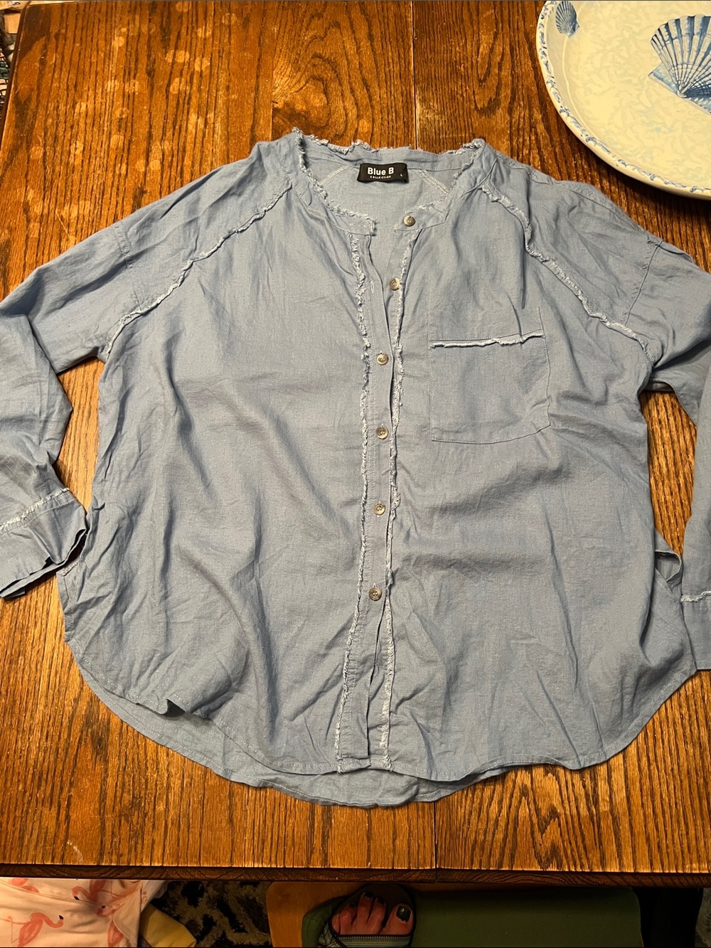 Blue B Linen Blend Bohemian Light Blue Frayed-Edge Button-Down Shirt